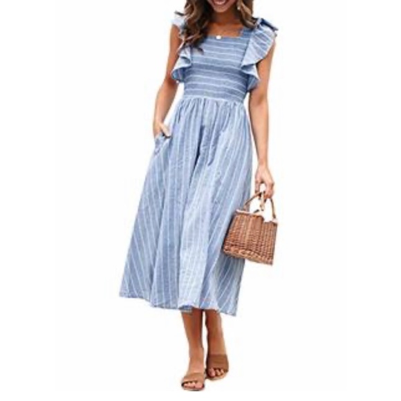 Simplee Apparel Dresses & Skirts - Simplee Linen Striped Smock Midi Dress‎ w/ Ruffled Cap Sleeve & 2 Pockets